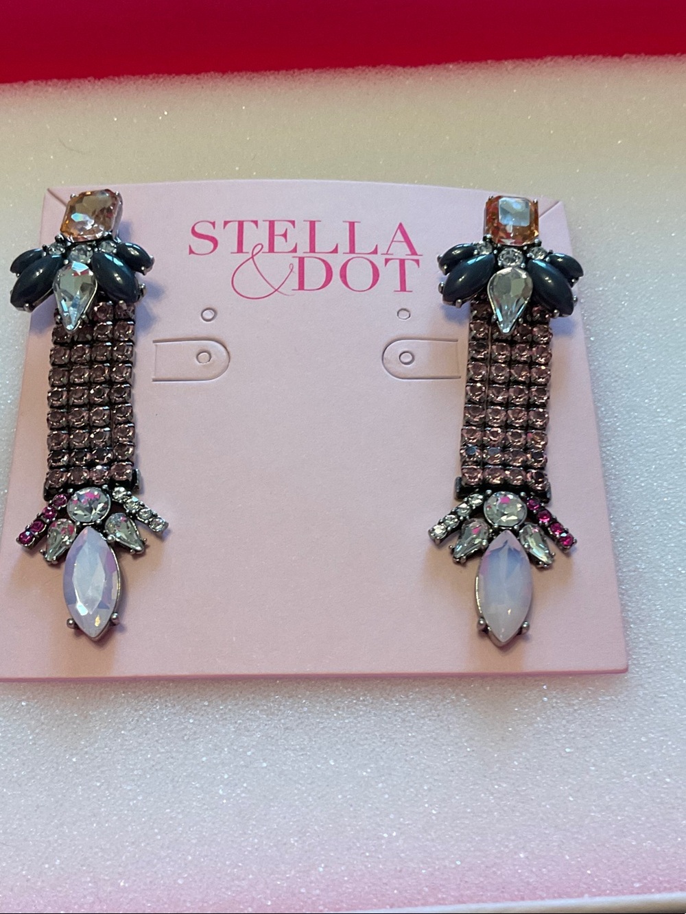 Stella & Dot Magnifique Pink, Opal and Navy Crystal Drop Earrings NWT